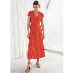NWT & Other Stories Red Polka Dot Wrap Midi Dress Short Sleeve V-Neck NWT Size 6